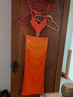 Fashion Nova Orange Ombre Ruched Gown with Star Accent